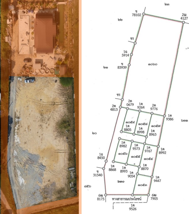 รูปแปลนที่ดินแบ่งแปลงพร้อมขาย ภาพเทียบแปลงจริงกับแปลงแบ่งโฉนด